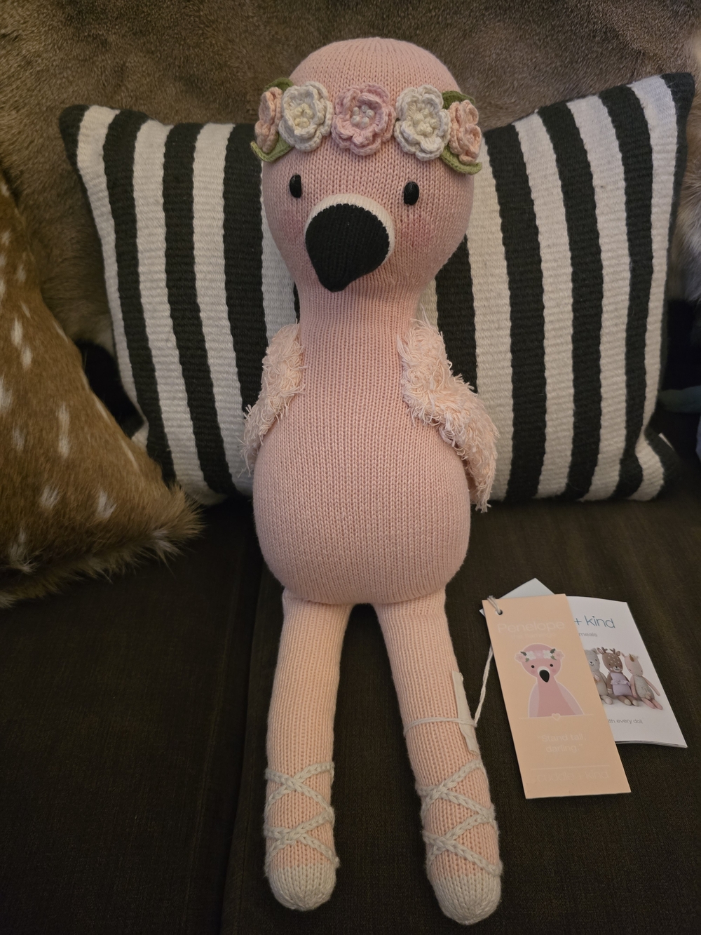 Cuddle + Kind Hand Knit Flamingo Plush Toy with Flower Crown - Kids Toy